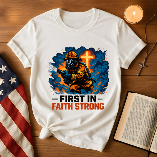 Firefighter Faith T-Shirt, First in Faith Strong Tee